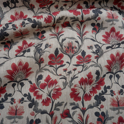 100% LINEN Fabric block print floral red black on grey, oatmeal natur linen fabric with botanical print for upholstery home decor