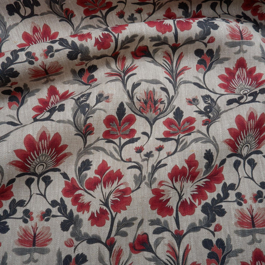 100% LINEN Fabric block print floral red black on grey, oatmeal natur linen fabric with botanical print for upholstery home decor