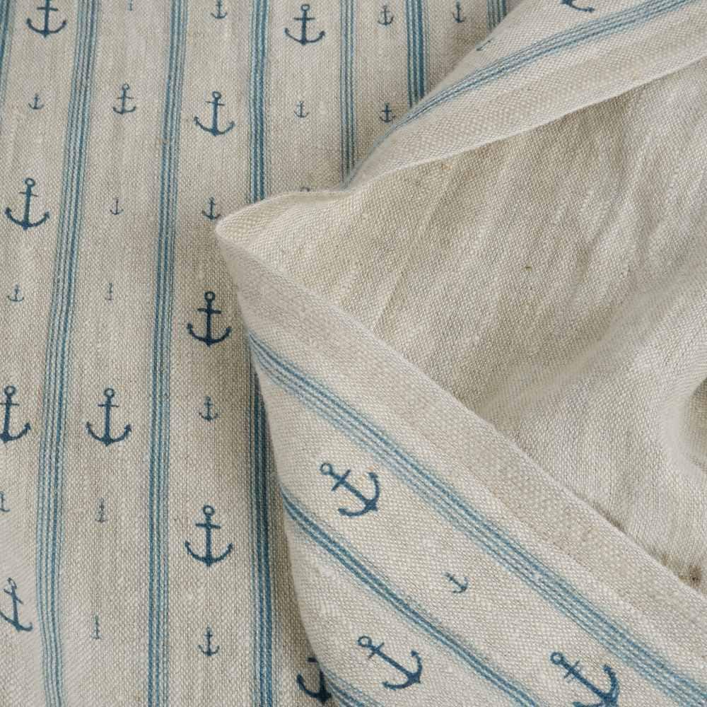 100% LINEN Fabric Anchor stripe print on oatmeal linen - Marine blue gray heavy for upholstery - medium weight linen dress making 2764