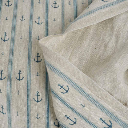 100% LINEN Fabric Anchor stripe print on oatmeal linen - Marine blue gray heavy for upholstery - medium weight linen dress making 2764