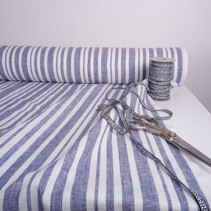 100% blue and white stripes in linen fabric - Medium weight - nautical fabric for clothing, curtains, home textile, home decor craft project