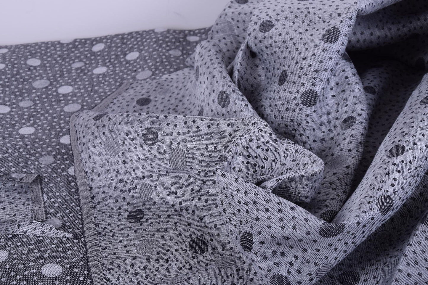 100% linen fabric Medium weight 190gsm. Black grey polka dots reversable double side. flax  for crafting, table linen, napkins, jackets etc