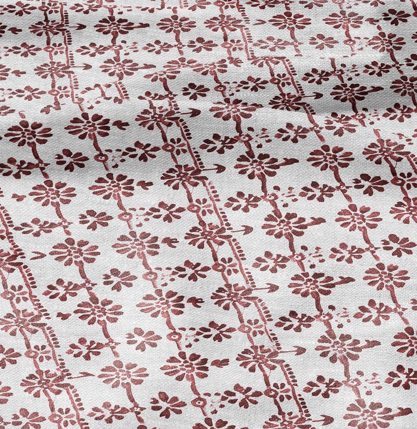 100% LINEN Fabric in floral block print - botanical red white linen fabric for upholstery home decor curtains dress making pillowcases