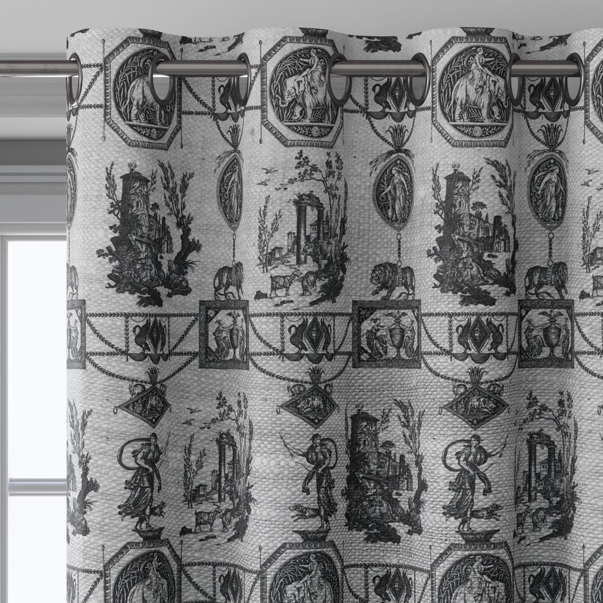 100% LINEN Fabric french blakc print oatmeal - Goddess Diana with Lion - toile de jouy - Diane chasseresse by Jean-Baptiste Huet 3420