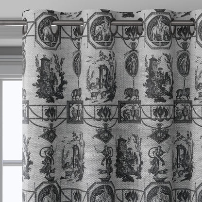 100% LINEN Fabric french blakc print oatmeal - Goddess Diana with Lion - toile de jouy - Diane chasseresse by Jean-Baptiste Huet 3420
