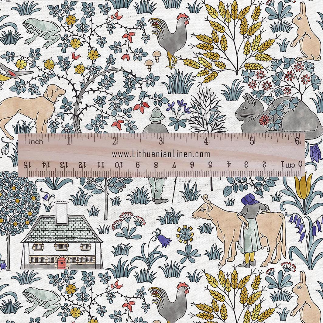 100% linen fabric - House that Jack built by Voysey - - Victorian Art crafts - Historical pattern home decor dress making 29891