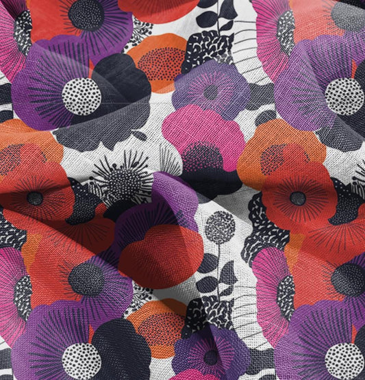 100% LINEN Fabric finnish Kalevala red abstract print on linen, modern vintage floral linen fabric for upholstery or home decor