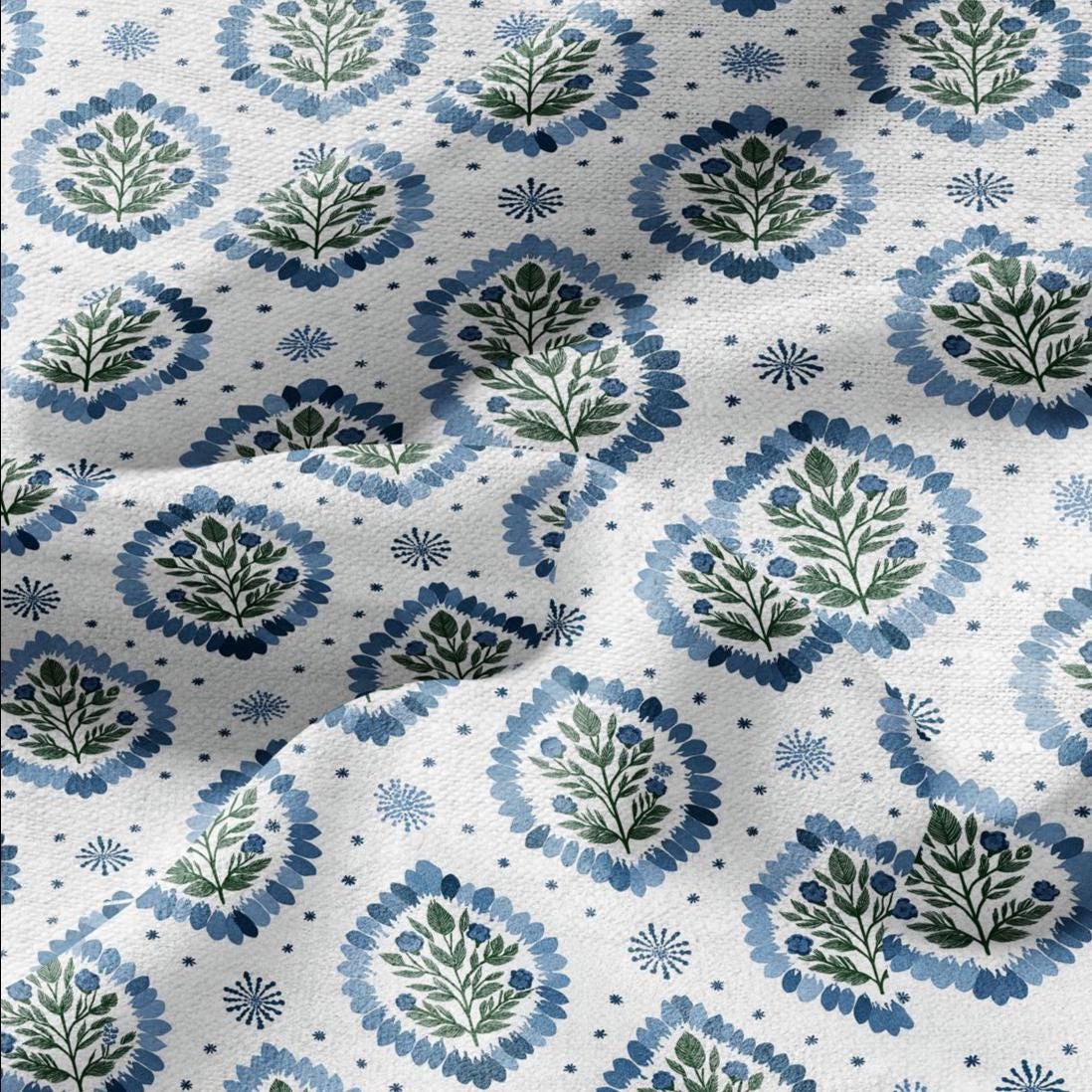 100% LINEN Fabric Block print Floral - modern vintage botanical flower upholstery home textile artisan green blue white 2762