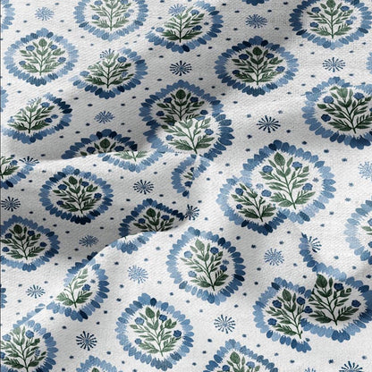 100% LINEN Fabric Block print Floral - modern vintage botanical flower upholstery home textile artisan green blue white 2762