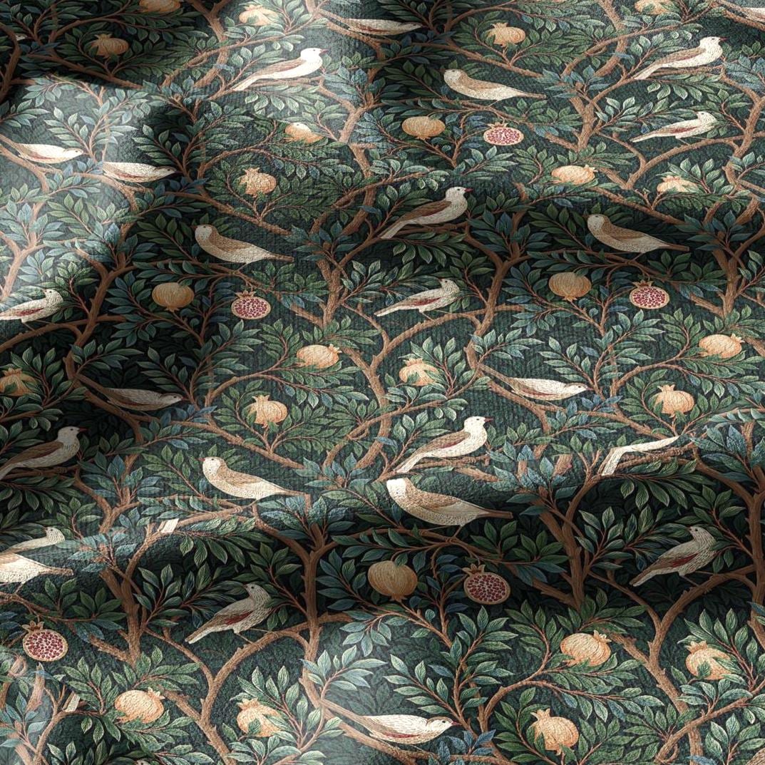 100% linen fabric green pomegranate tree with birds print - Vintage toile de jouy botanical - modern vintage 3388