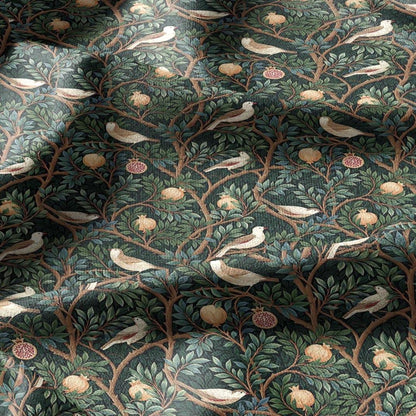 100% linen fabric green pomegranate tree with birds print - Vintage toile de jouy botanical - modern vintage 3388