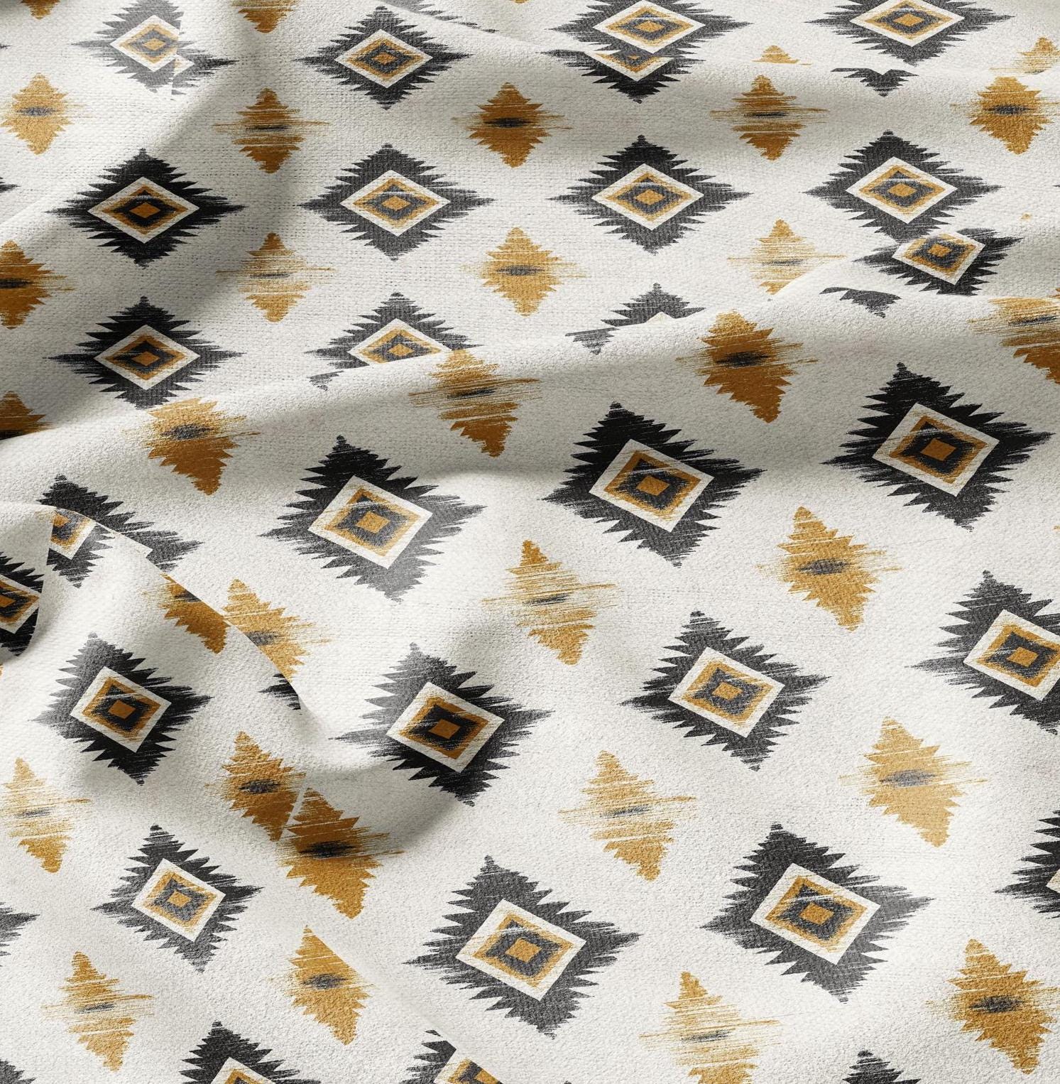 100% LINEN Fabric Abstract Western tribal pattern -  yellow ikat print on linen japandi wabi sabi linen print upholstery dress making