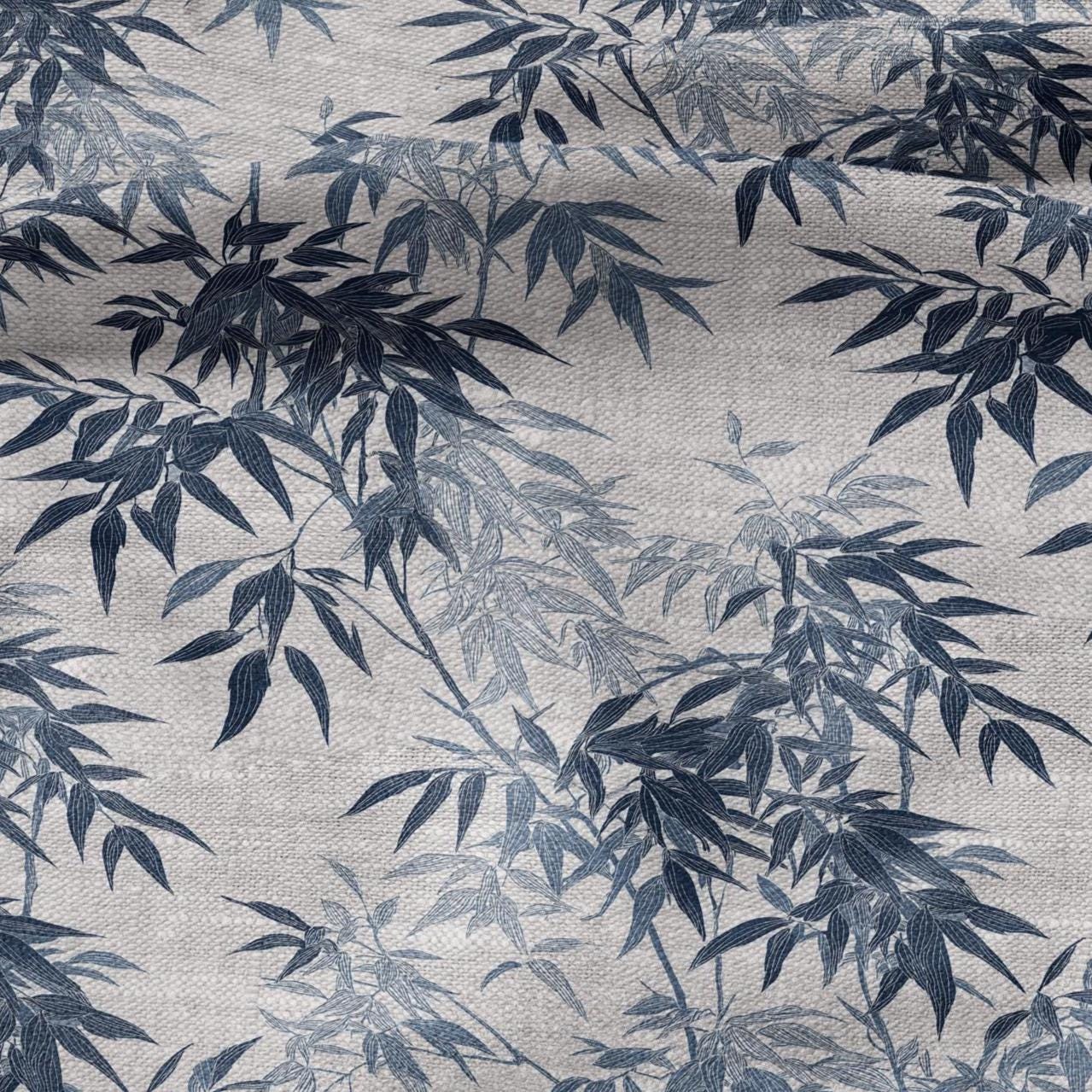 100% LINEN Fabric Bamboo blue print - botanical floral on oatmeal linen - chinoiserie modern vintage 3050