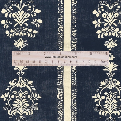 100% LINEN Fabric Indigo blue stripe block - tribal print on linen print upholstery curtains dress making 2376
