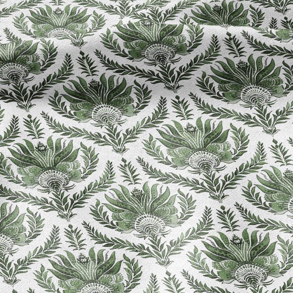 100% LINEN Fabric green French floral print - flowers block print - for upholstery home decor - medium for dress making 305G