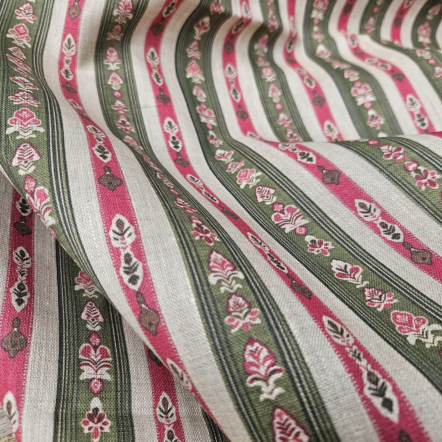 100% LINEN Fabric ethno stripe print - tribal green red print on linen print upholstery curtains dress making