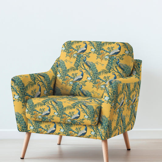 100% LINEN Fabric UPHOLSTERY 12oz - Mustard yellow Peacock on white linen - Modern vintage  Grandmillennial toile de jouy upholstery 316