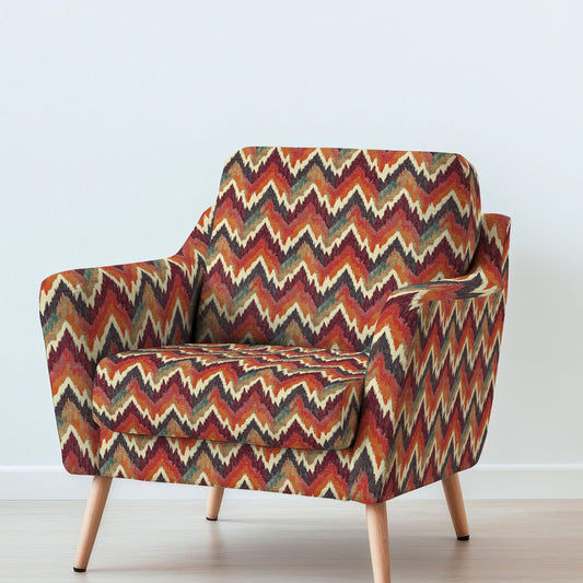 100% LINEN Fabric UPHOLSTERY 12oz - Red Zigzag ikat print on linen 2080