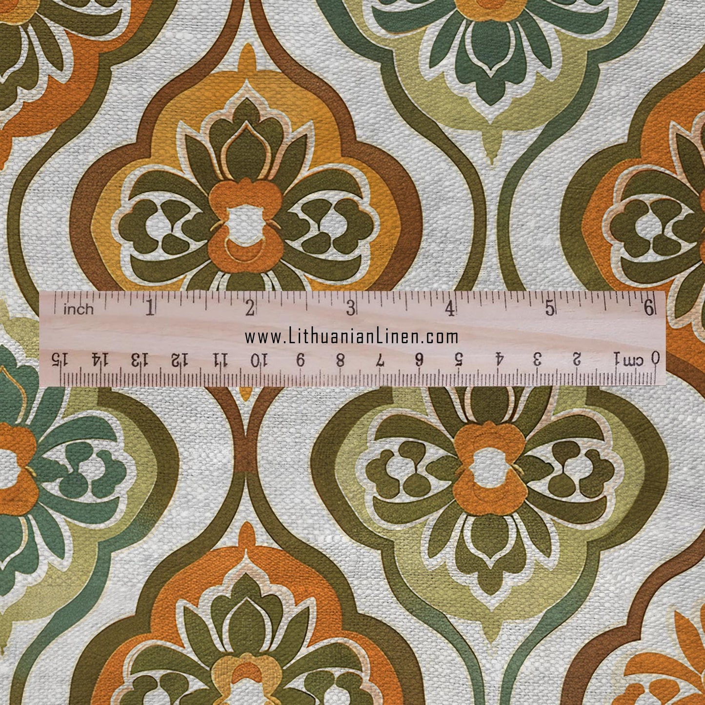 100% LINEN Fabric Retro orange green gray - floral print on oatmeal linen for home decor sewign dress clothing 2868