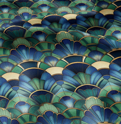 100% LINEN Fabric Art deco blue green - fan print linen Fabric LithuanianLinen for upholstery dressmaking curtains home textile Art Noveau