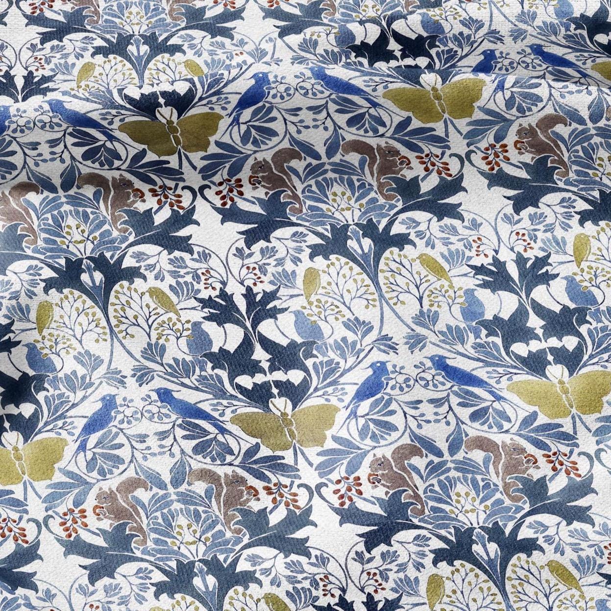 100% linen fabric - Squrirrel Butterfly in floral field by Voysey - Victorian Art crafts - Historical pattern home decor dress making 3004