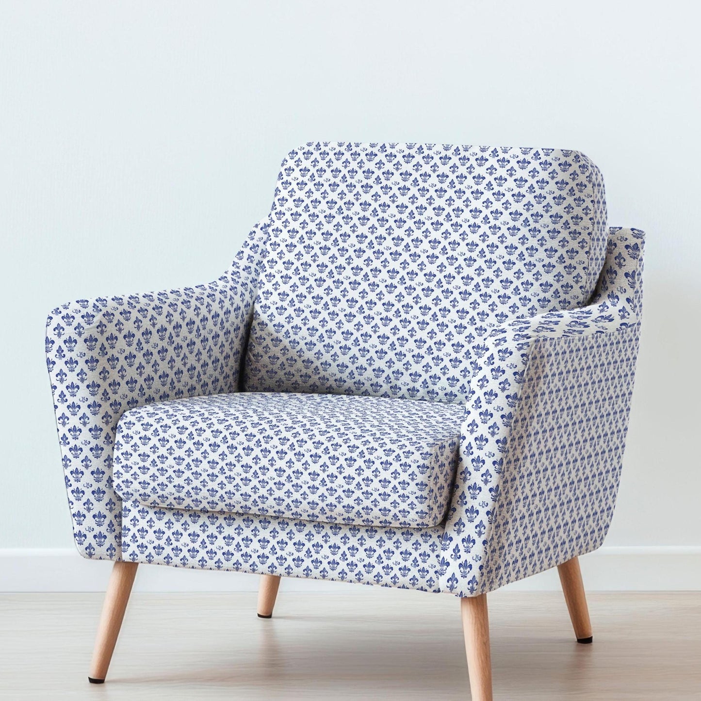 100% LINEN Fabric UPHOLSTERY 12oz - Fleur de lis print on linen - blue Grandmillenial - floral upholstery 360