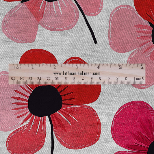100% LINEN Fabric Finnish POPPY print - Modern vintage fabric - red flower upholstery home decor sewing clothing 2145