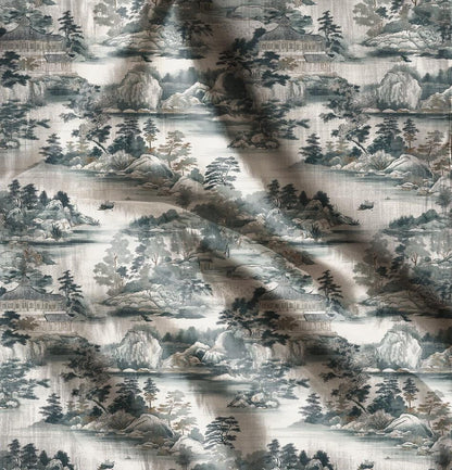 japanese scenery print fabrin in heavy linen