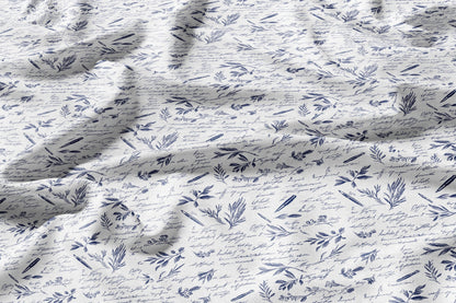 100% LINEN Fabric blue writting print on white linen - indigo blue letter fabric for uphlstery heavy / medium for clothing 2577