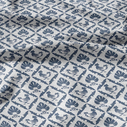 100% LINEN Fabric blue rooster farm on white linen - indigo blue countryside fabric for uphlstery heavy / medium for clothing 2581
