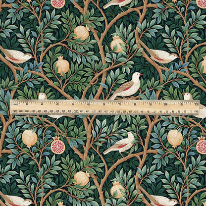 100% linen fabric green pomegranate tree with birds print - Vintage toile de jouy botanical - modern vintage 3388
