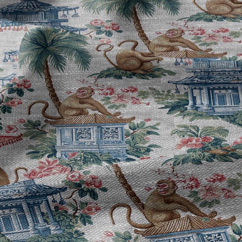 100% LINEN Fabric monkey chinoiserie print - oatmeal linen fabric with chinoiserie print - modern vintage 3338