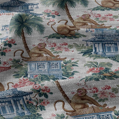 100% LINEN Fabric monkey chinoiserie print - oatmeal linen fabric with chinoiserie print - modern vintage 3338