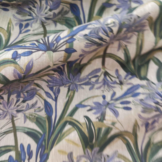 100% LINEN Fabric french blue green purple print on oatmeal natur linen, floral botanical linen fabric for upholstery 324