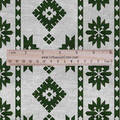 100% LINEN Fabric Ethno green stripes gray - geometric print on oatmeal linen for home decor sewign dress clothing 2822