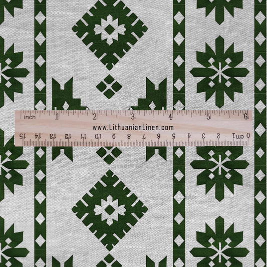 100% LINEN Fabric Ethno green stripes gray - geometric print on oatmeal linen for home decor sewign dress clothing 2822