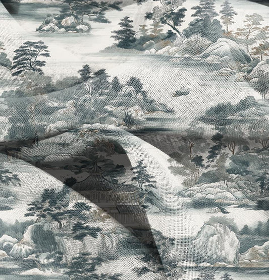 100% LINEN Fabric block print oriental scenery,  linen fabric with stony island print, heavy linen fabric for upholstery home decor