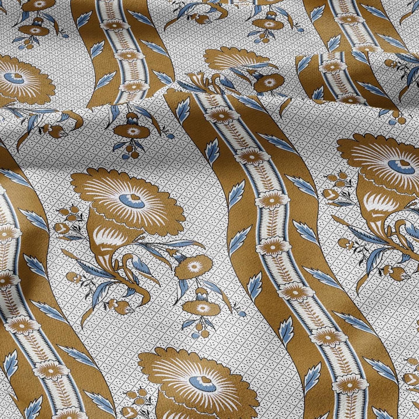 100% LINEN Fabric Vintage floral squirl stripe print - Modern botanical - Victorian Art Craft yellow yellow 3162