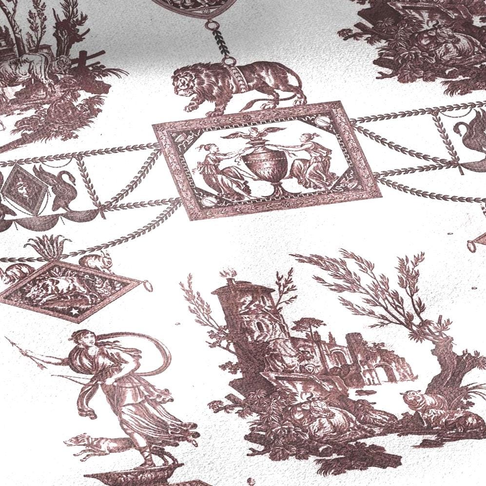 100% LINEN Fabric french red white print - Goddess Diana with Lion - toile de jouy - Diane chasseresse by Jean-Baptiste Huet 3419