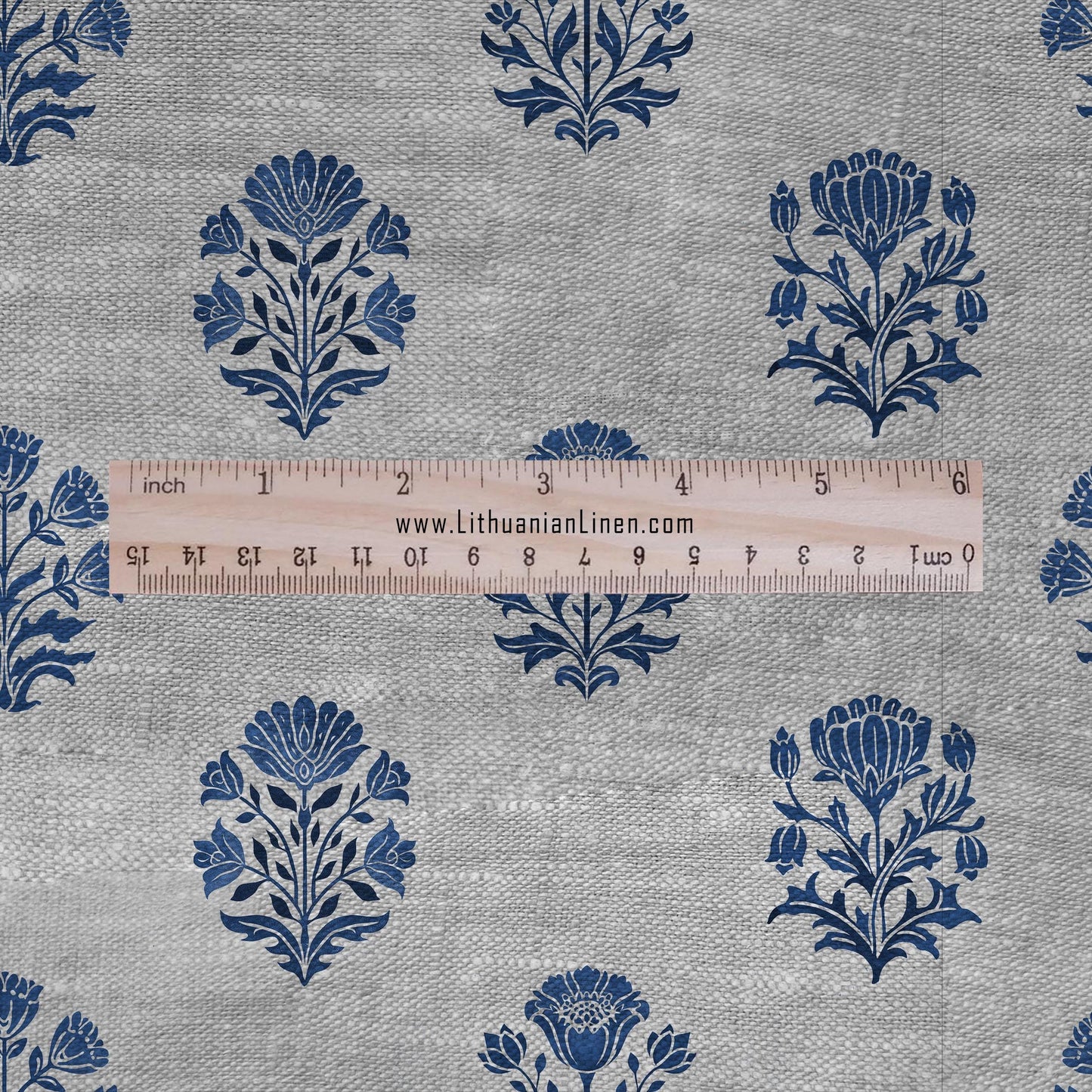 100% LINEN Fabric block print Genda - Indian blue floral linen heavy for upholstery home decor - medium for dress making 2947