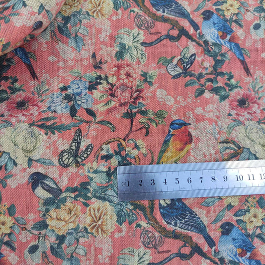 100% LINEN Fabric Toile de Jouy with flowers and birds, pink botanical print linen fabric for home decor upholstery