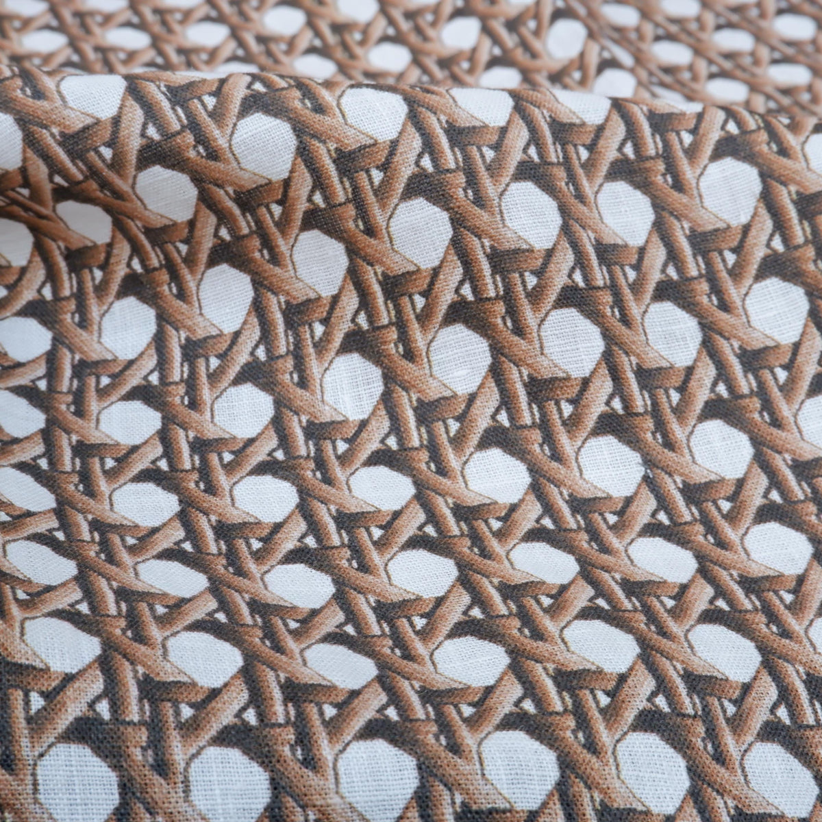 100% LINEN Fabric brown bamboo trellis - botanical textile artisan fabrics blue white 3686