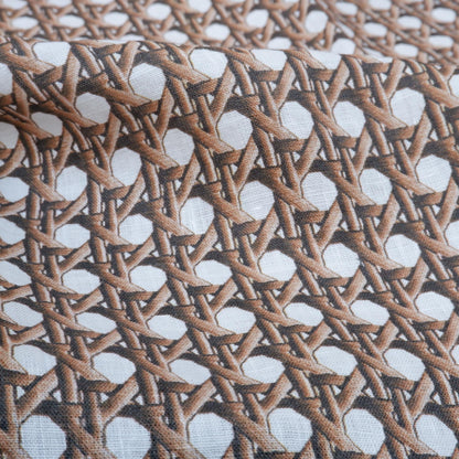 100% LINEN Fabric brown bamboo trellis - botanical textile artisan fabrics blue white 3686