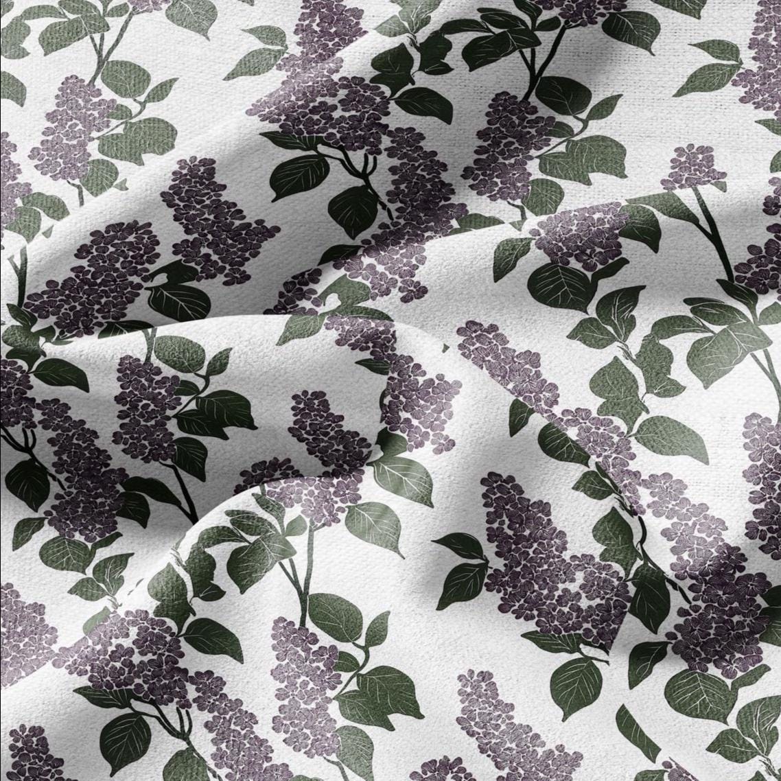 100% LINEN Fabric Block print Lilac blossom - modern vintage botanical flower upholstery home textile artisan green purple white 2355