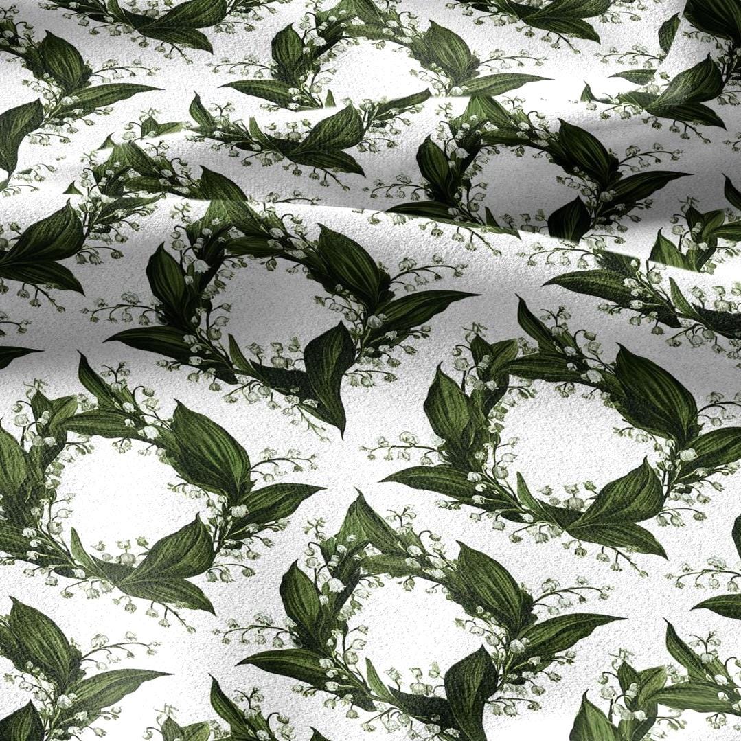 100% linen fabric floral botanical green print - Lily of the valley - Millefleurs: Vintage modern floral botanical pattern 3431