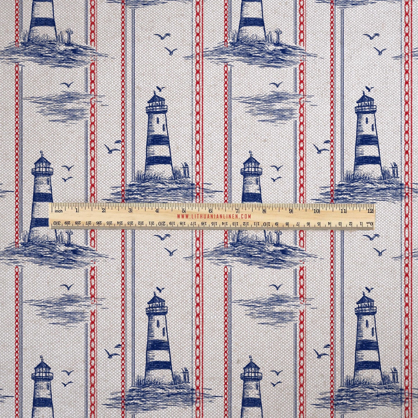 100% LINEN Fabric UPHOLSTERY 12oz - lighthouse blue red print on linen - Modern vintage Victorian coastal marine upholstery 2777