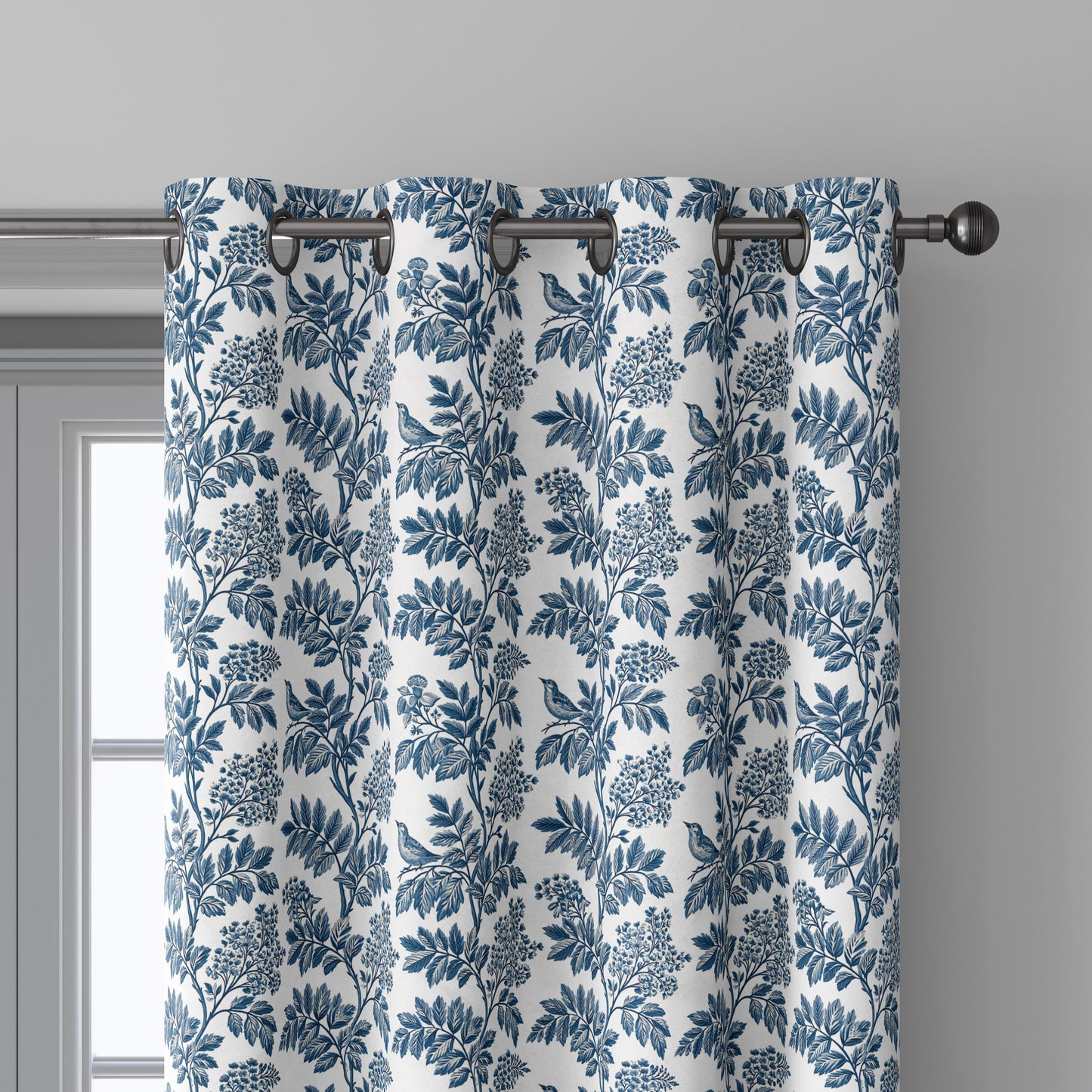 100% linen fabric blue white tree print - Vintage floral botanical modern Victorian 3389