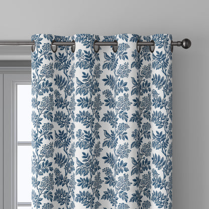 100% linen fabric blue white tree print - Vintage floral botanical modern Victorian 3389