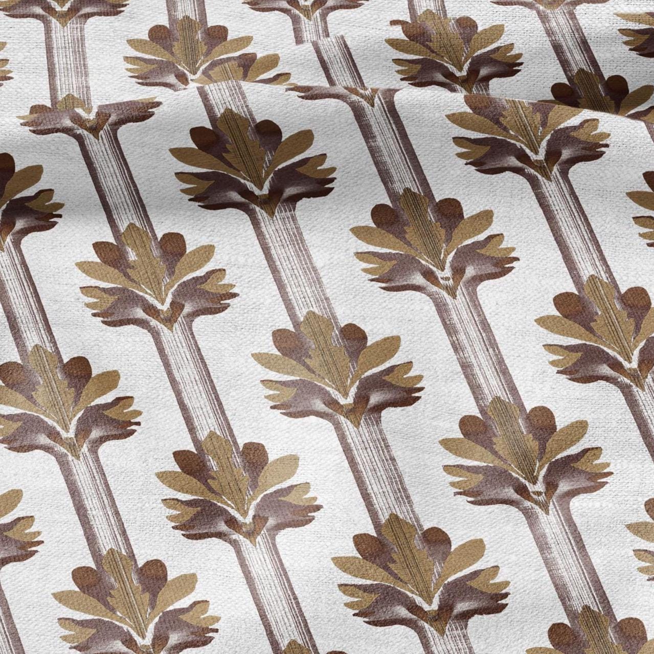 100% LINEN Fabric Stripe floral brown print  - floral upholstery home textile artisan fabric brown white 3136