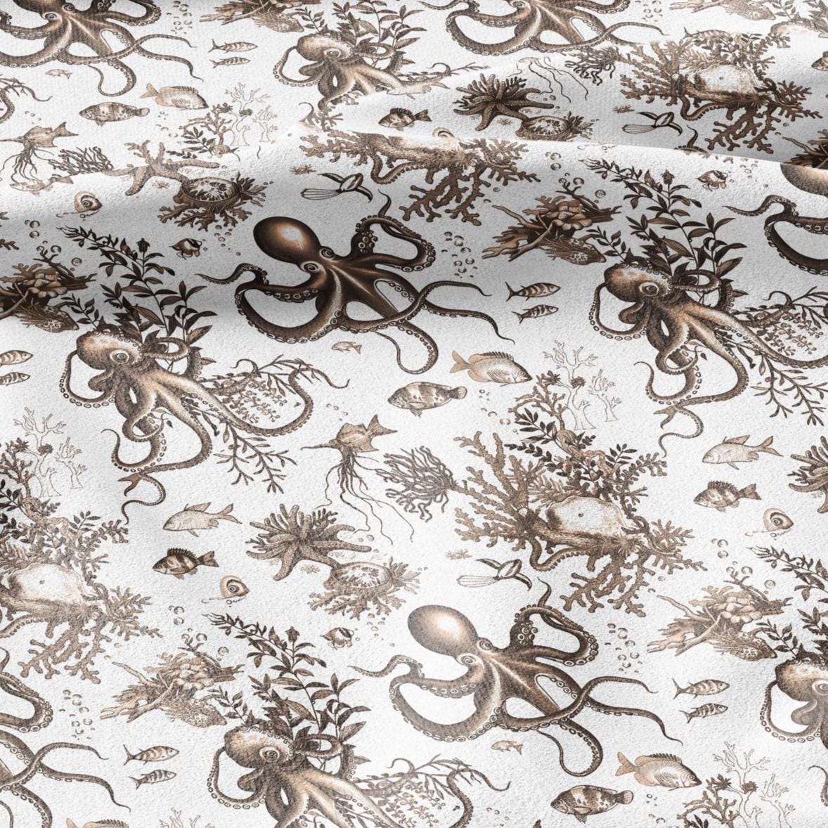 100% LINEN Fabric octopus linen -brown white floral fabric for upholstery home decor dress making 306B